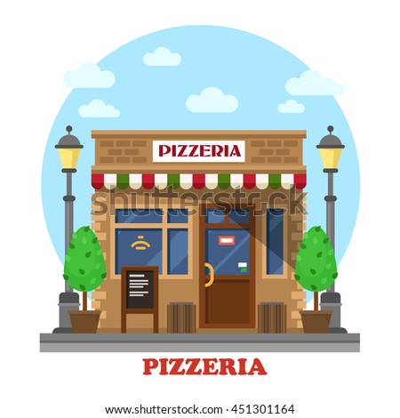 City italian pizzeria facade front street view with menu, trees or bushes and lamp or lantern. Fast food shop outdoor exterior. For eating or selling themes