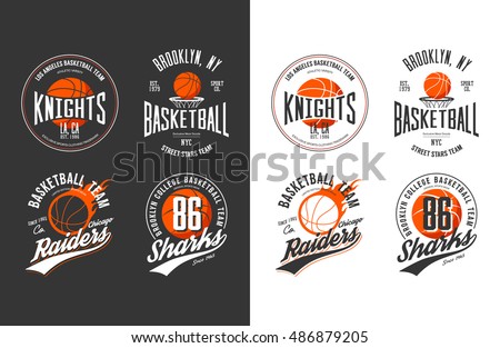 Balls for game of basketball in dark and light style. Prints for sportswear and exclusive t-shirt, sport equipment or gear, streetball logotype and basket logo for new york or los angeles college team