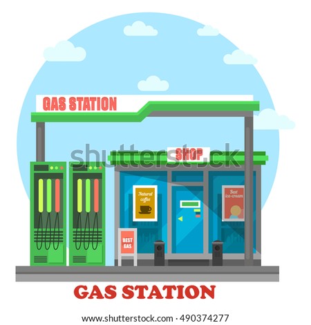 Gas station or petrol store, market or shop with pumps for automobile energy. Local facade of construction for benzine sale. Exterior outdoor view on modern structure. For travel theme
