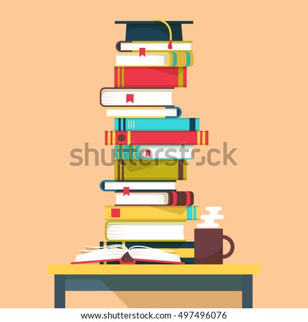 Pile or tower, stack or heap of books for school education and square academic cap with tassel above on table. Great for study and reading, literature and learning, intelligence and science theme