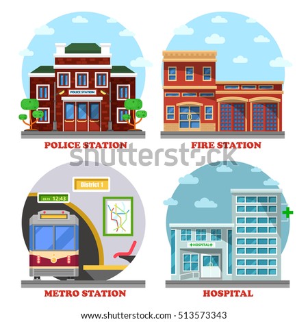 Fire station and hospital building, metro and police station. Architecture of building facades for firemen department, hospice or medical clinic, rail transit. Exterior view on building facade