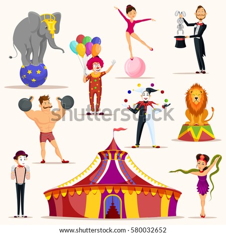 Circus tent and set of isolated icons for strong man holding barbell weights, lion and elephant on ball, meme artist and clown with balloons, woman on ball and magician with rabbit in hat, juggler
