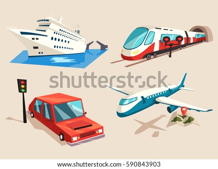 Car or auto, yacht or ship, plane or jet, train on railroad or locomotive, aircraft and airplane, express vehicle, marine cruise vessel. Travel and tourism, transport and trip, vacation theme