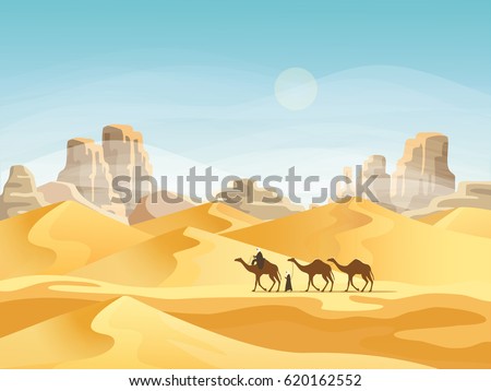 Camel convoy with arabic people in desert with mountains. Caravan on desert meadow at sunset, panoramic and outside view on wild nature. Landscape and journey, travel and africa, tourism theme