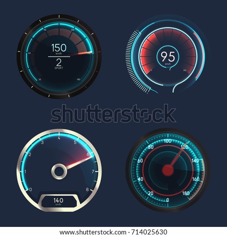 Set of isolated speedometers for dashboard. Analog device for measuring speed and futuristic speedometer, technology gauge with arrow or pointer for vehicle panel, web download speed sign