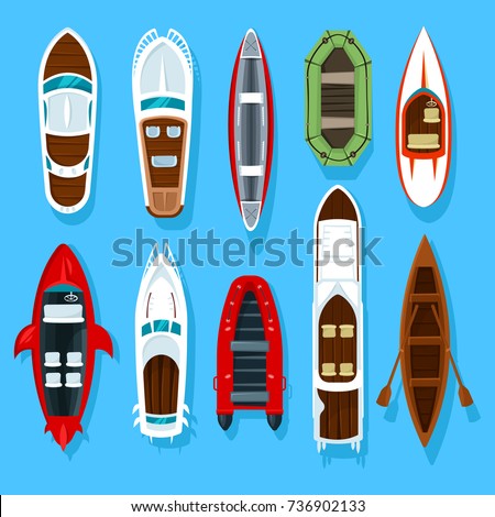 Top view on fisherman boats on water. River or sea, lake or pond with motor or wooden sailboat. Kayak with paddle and wherry with oar, sport ship. Fisherman and fishing sport, sailing theme