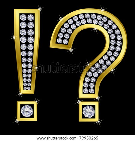 Question and exclamation mark, golden sign with diamonds