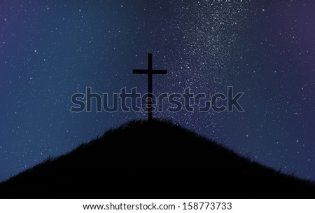 Cross on the hill in front of the starry night