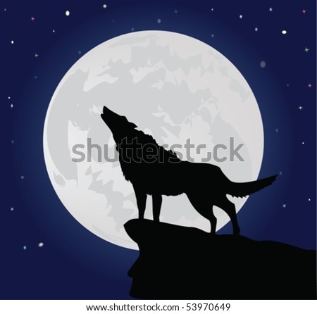 Illustration of the lonely wolf howling on the full moon