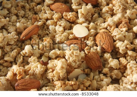 Closeup of breakfast cereal corn flakes with almonds