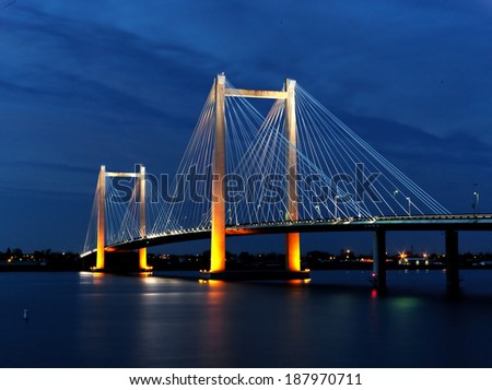 Evening shots of Benton Franklin intercounty bridge lit up over the Columbia River in Kennewick, Washington.