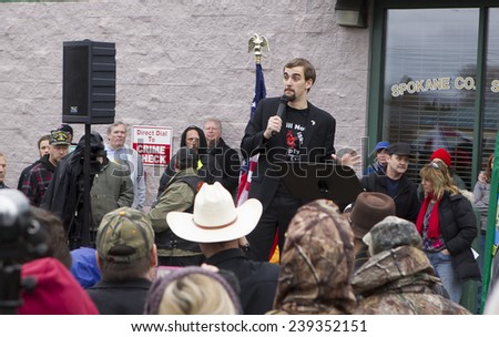 Spokane, Washington USA - December 20, 2014. Gavin Seim speaks to a crowd in Spokane Valley, Washington.