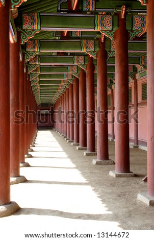 An empty corridor at Kyoungbok Palace in Seoul, Korea.