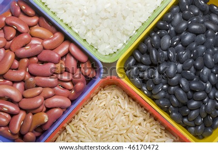 An assortment of dry beans and rice.