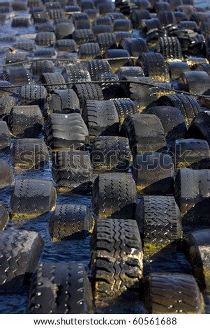 Several old tires are banded together to form a break water for the marina.