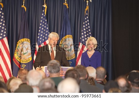 COEUR D’ARLENE, ID – FEB 23: Former speaker of the House and 2012 Presidential Candidate Newt Gingrich and his wife, Calista, speak to an enthusiastic crowd at the Coeur d'Alene Inn, ID, Feb 23, 2012