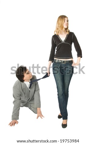 A Man On All Fours And A Young Woman Pulling Him By A Necktie Stock ...