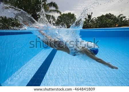 Similar – Image, Stock Photo Underwater body portrait with reflection at the waterline of a young woman under water, standing naked in a pool and bathing