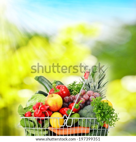 Wire shopping basket with groceries