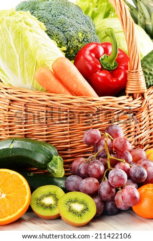Wicker basket with groceries. Balanced diet