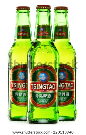 POZNAN, POLAND - AUGUST 20, 2014: Tsingtao beer, product of Tsingtao Brewery, China\'s second largest brewery located in Qingdao in Shandong province