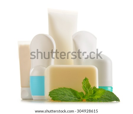 Composition with containers of body care and beauty products. Eco cosmetics.