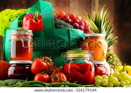 Composition with shopping bag and organic food. Balanced diet