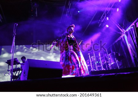 LOULE - JUNE 26: Bomba Estereo an eletronic dance music band from Colombia, performs on stage at festival med, a world music festival, in Loule, Portugal, June 26, 2014