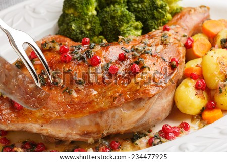 roasted turkey leg being sliced- christmas dish