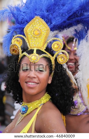 LOULE, PORTUGAL - FEBRUARY 16: Parade participants dance during the Carnival Loule Parade February 16, 2010 in Loule, Portugal.