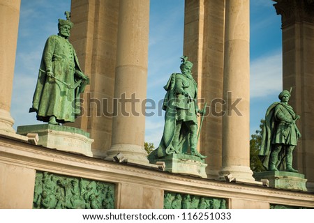 Statues of Hungarian leaders in Hero\'s Square in Budapest, Hungary