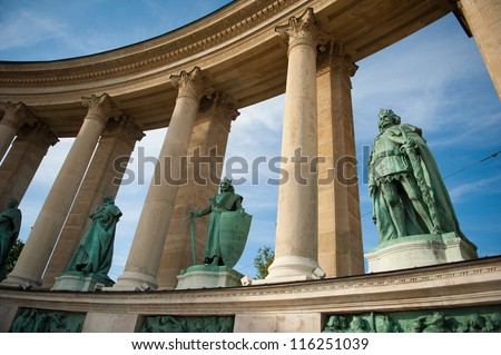 Statues of Hungarian leaders in Hero\'s Square in Budapest, Hungary