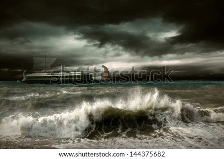View of storm seascape with historical ship