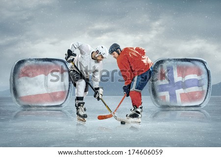 Ice hockey players in the ice. Game between Austria and Norway national teams