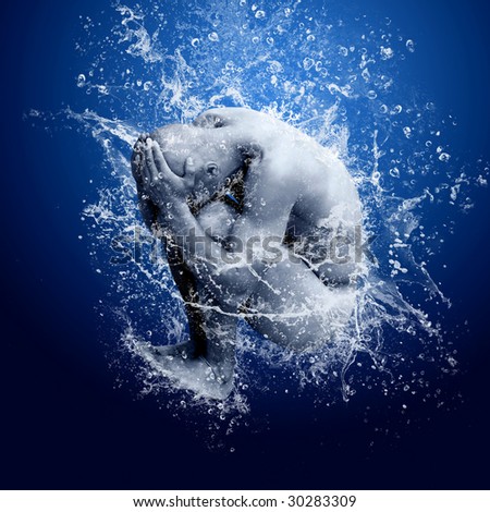 Water drops around men under water on blue background