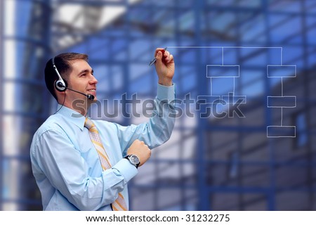 Business men in headphones writing on business architecture background