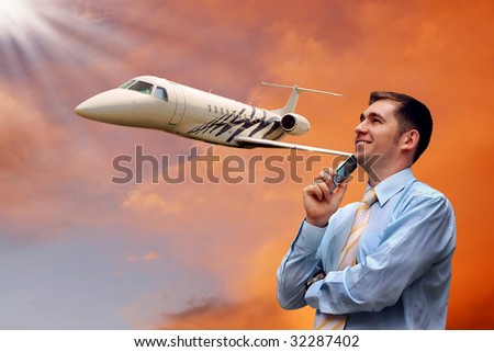 men look on airplane in air with sunrise sky