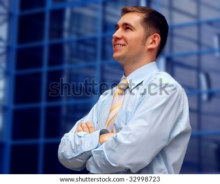 Happiness business men look on business architecture background