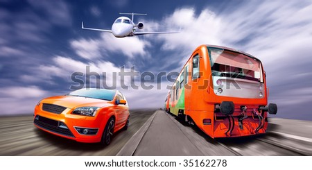 Train, airplane and sport car on speed