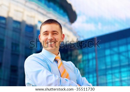 Happiness business men on blur business architecture background