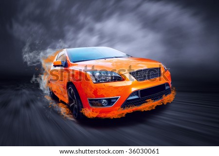 Beautiful orange sport car in fire