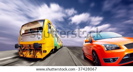 Train and sport car on speed
