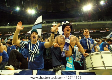 PRAGUE, CZECH REPUBLIC - APRIL 5: Iraklis team supporters watch the volleyball game of Final Four CEV Indesit Champions League at O2 Arena in Prague. April 5, 2009