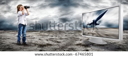 Young boy watch in the field-glass under sky and monitors