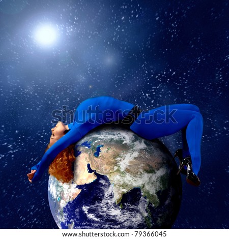 Woman in blue sleeping on the planet in space.