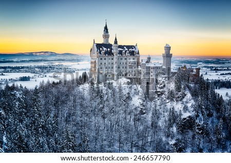 Neuschwanstein Castle at sunset in winter landscape. Germany