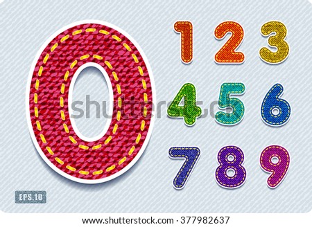 Joyful 3d colorful denim numbers. Set. eps10.  Zero 0 One 1 Two 2 Three 3 Four 4 Five 5 Six 6 Seven 7 eight 8 nine 9. vector.