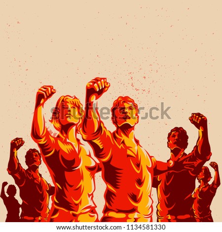 Crowd protest fist revolution poster design. Propaganda Background Style.