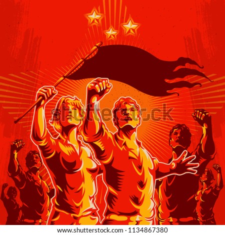 Crowd protest fist revolution poster design. Men and women leader in front of a crowd. Propaganda Background Style.