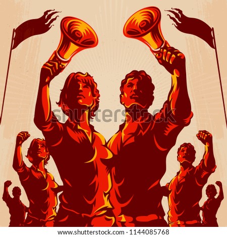 Crowd protest fist revolution poster design. Man and Women leader in front of a crowd holding megaphone. Propaganda Background Style.